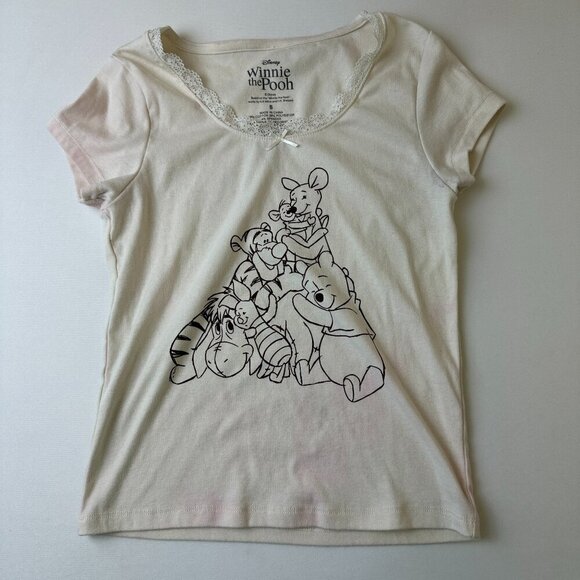 Disney Winnie the Pooh Shirt Womens Small White Lace Trim Cartoon Graphic Tee - Picture 1 of 8